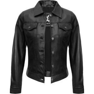 Women's Real Lambskin Outwear Jackets Stylish Turn Down Collar Black Trucker